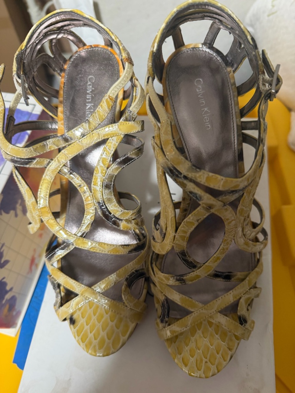 Calvin Klein Snakeskin Openwork Strappy High Heel Sandals. Very sexy
